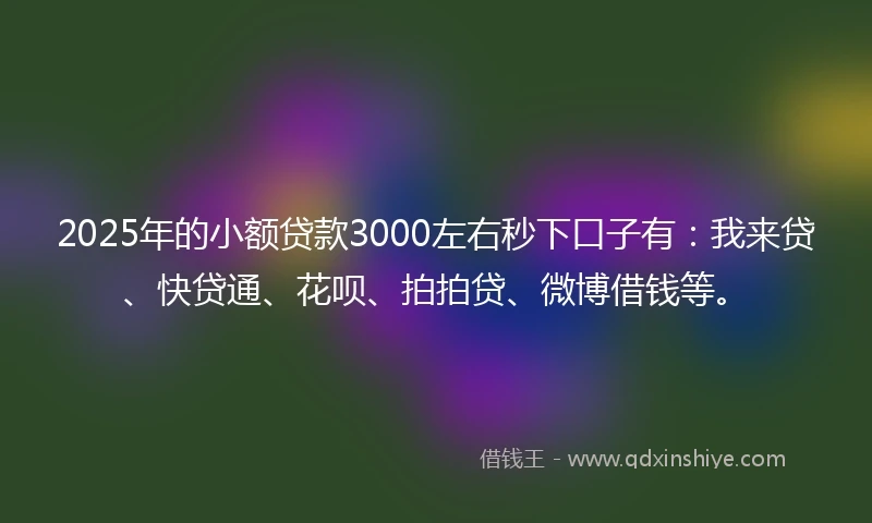 2025年的小额贷款3000左右秒下口子有：我来贷、快贷通、花呗、拍拍贷、微博借钱等。