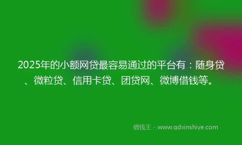 2025年的小额网贷最容易通过的平台有：随身贷、微粒贷、信用卡贷、团贷网、微博借钱等。