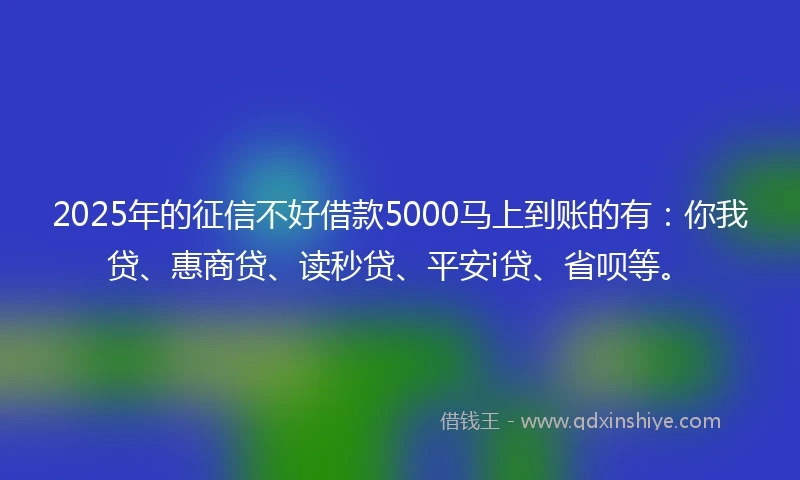 2025年的征信不好借款5000马上到账的有:你我贷、惠商贷、读秒贷、平安i贷、省呗等。