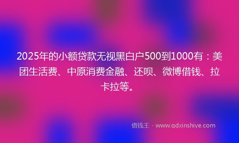 2025年的小额贷款无视黑白户500到1000有：美团生活费、中原消费金融、还呗、微博借钱、拉卡拉等。