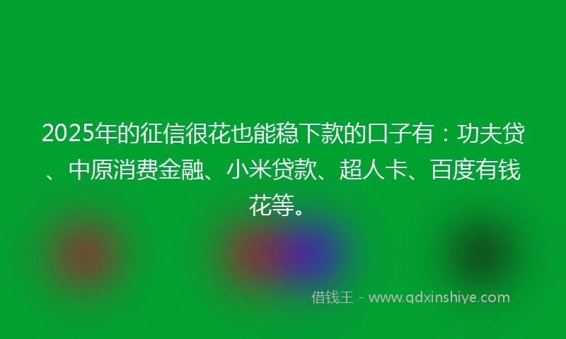 2025年的征信很花也能稳下款的口子有：功夫贷、中原消费金融、小米贷款、超人卡、百度有钱花等。