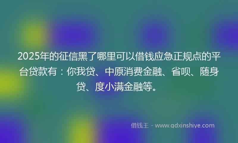 2025年的征信黑了哪里可以借钱应急正规点的平台贷款有：你我贷、中原消费金融、省呗、随身贷、度小满金融等。