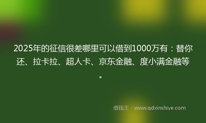 2025年的征信很差哪里可以借到1000万有：替你还、拉卡拉、超人卡、京东金融、度小满金融等。