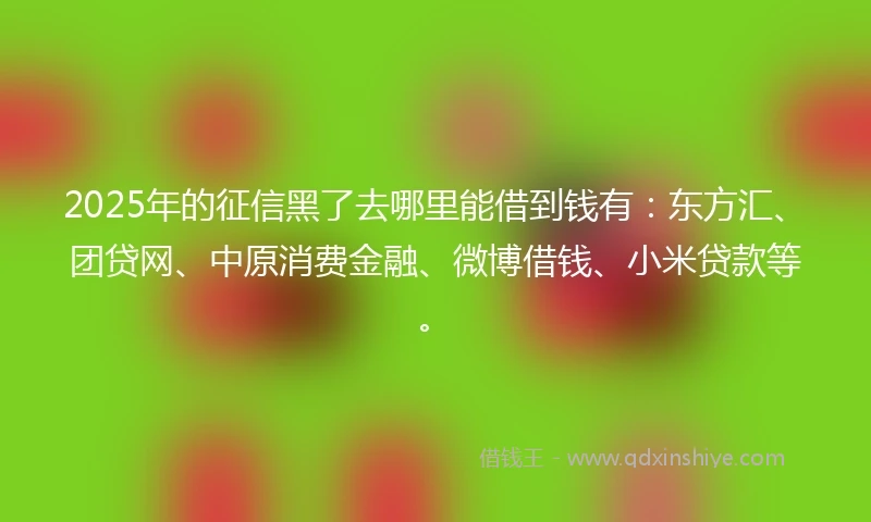 2025年的征信黑了去哪里能借到钱有：东方汇、团贷网、中原消费金融、微博借钱、小米贷款等。