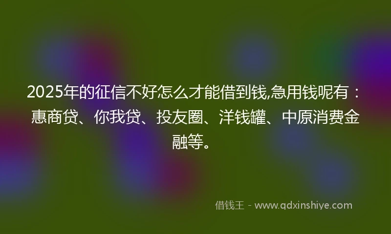 2025年的征信不好怎么才能借到钱,急用钱呢有：惠商贷、你我贷、投友圈、洋钱罐、中原消费金融等。