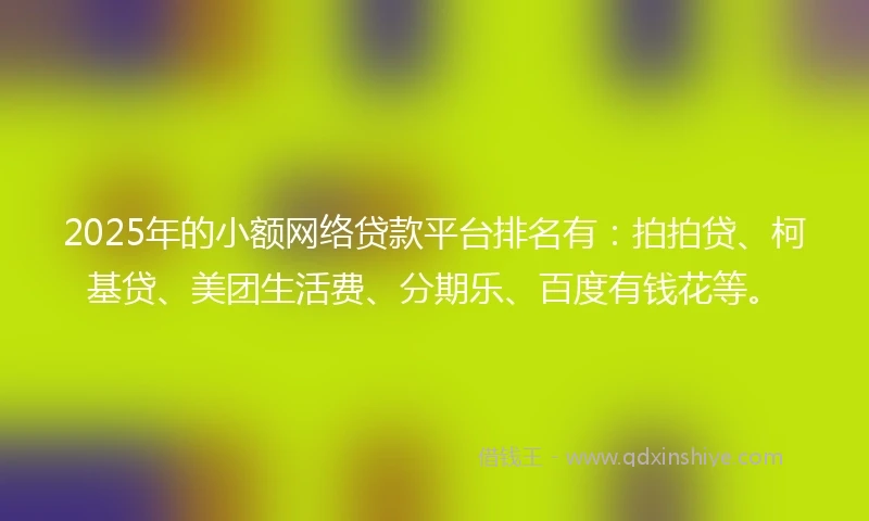 2025年的小额网络贷款平台排名有：拍拍贷、柯基贷、美团生活费、分期乐、百度有钱花等。