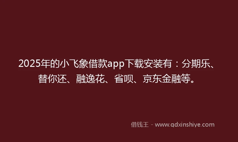 2025年的小飞象借款app下载安装有：分期乐、替你还、融逸花、省呗、京东金融等。