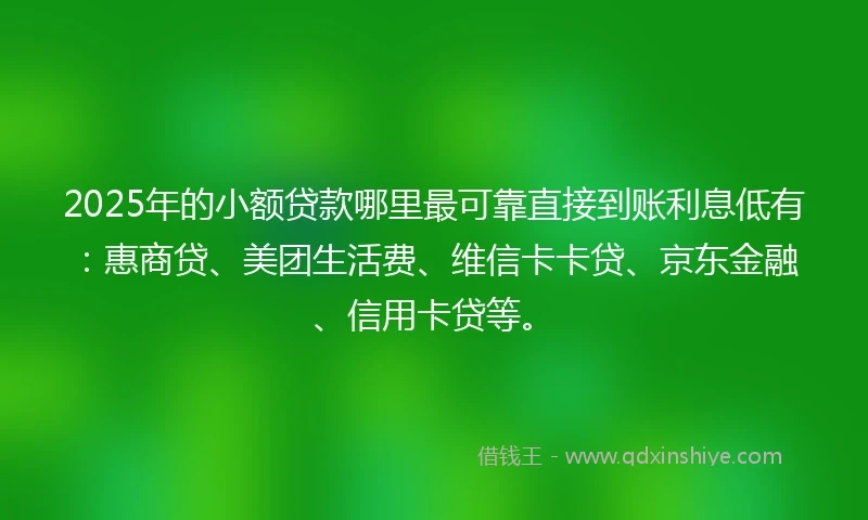 2025年的小额贷款哪里最可靠直接到账利息低有：惠商贷、美团生活费、维信卡卡贷、京东金融、信用卡贷等。