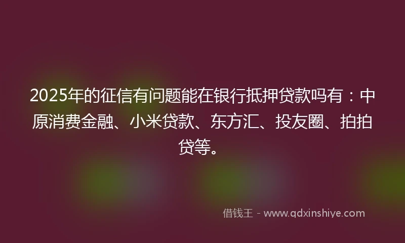 2025年的征信有问题能在银行抵押贷款吗有：中原消费金融、小米贷款、东方汇、投友圈、拍拍贷等。