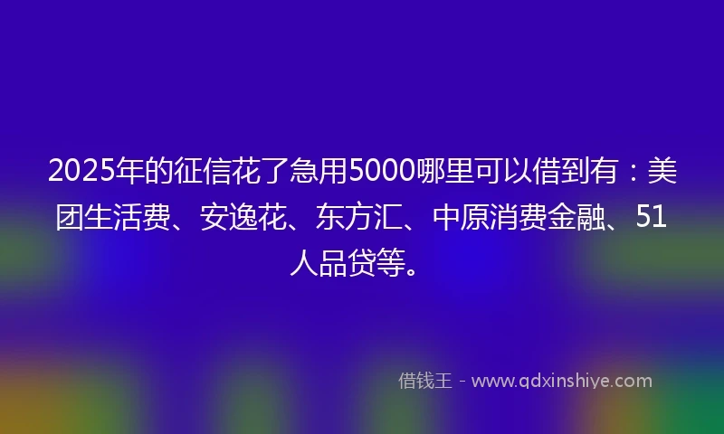 2025年的征信花了急用5000哪里可以借到有：美团生活费、安逸花、东方汇、中原消费金融、51人品贷等。