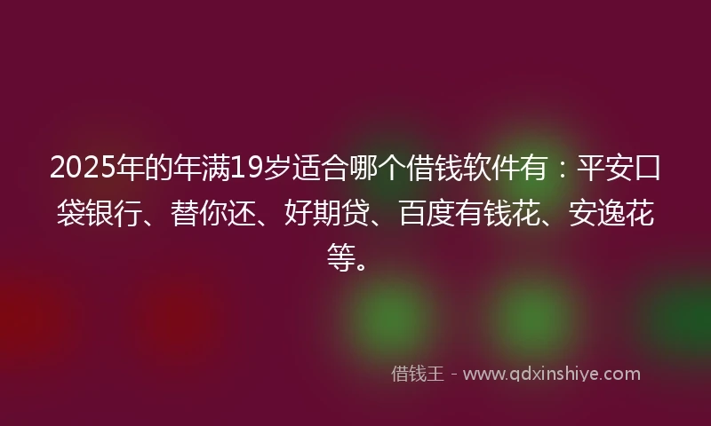2025年的年满19岁适合哪个借钱软件有：平安口袋银行、替你还、好期贷、百度有钱花、安逸花等。