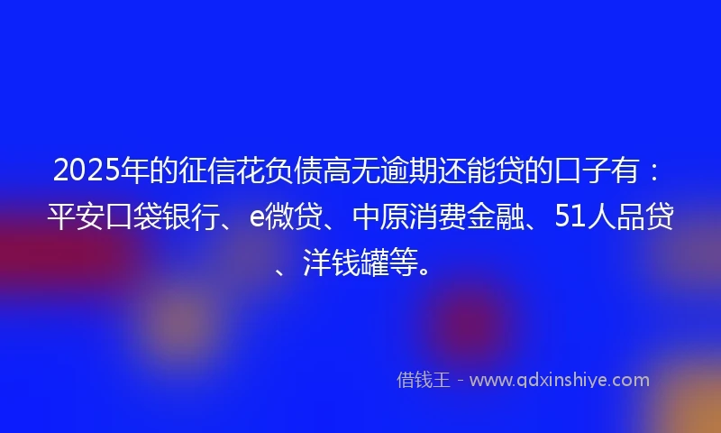 2025年的征信花负债高无逾期还能贷的口子有：平安口袋银行、e微贷、中原消费金融、51人品贷、洋钱罐等。