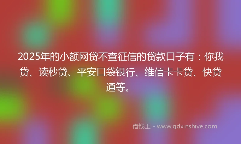 2025年的小额网贷不查征信的贷款口子有：你我贷、读秒贷、平安口袋银行、维信卡卡贷、快贷通等。