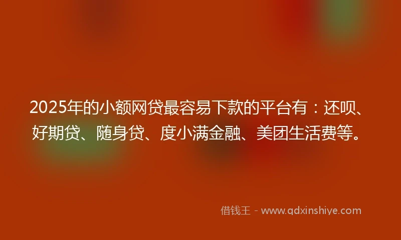 2025年的小额网贷最容易下款的平台有：还呗、好期贷、随身贷、度小满金融、美团生活费等。
