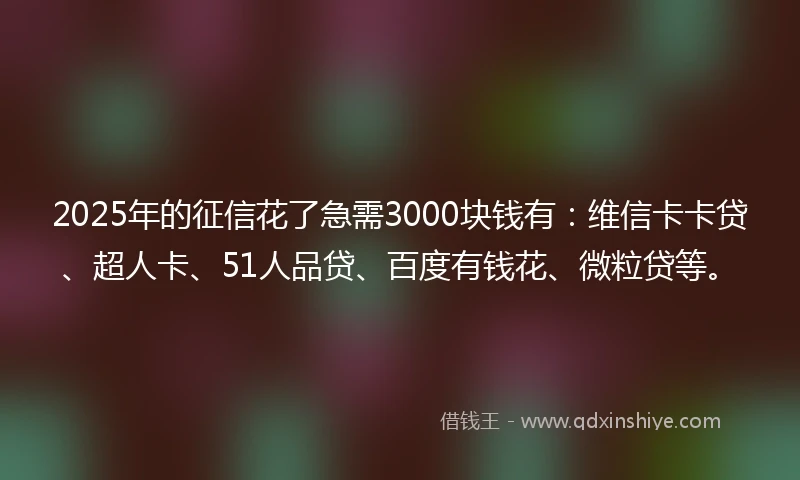 2025年的征信花了急需3000块钱有：维信卡卡贷、超人卡、51人品贷、百度有钱花、微粒贷等。