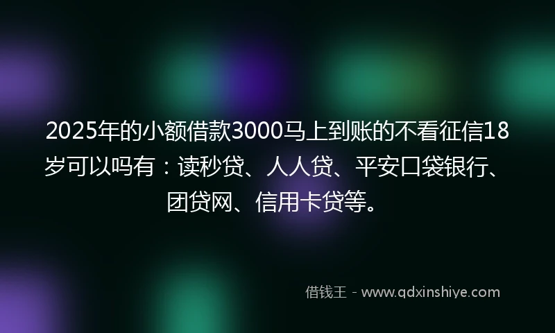 2025年的小额借款3000马上到账的不看征信18岁可以吗有：读秒贷、人人贷、平安口袋银行、团贷网、信用卡贷等。