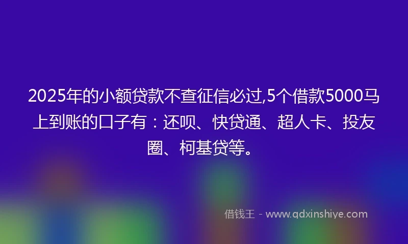 2025年的小额贷款不查征信必过,5个借款5000马上到账的口子有：还呗、快贷通、超人卡、投友圈、柯基贷等。