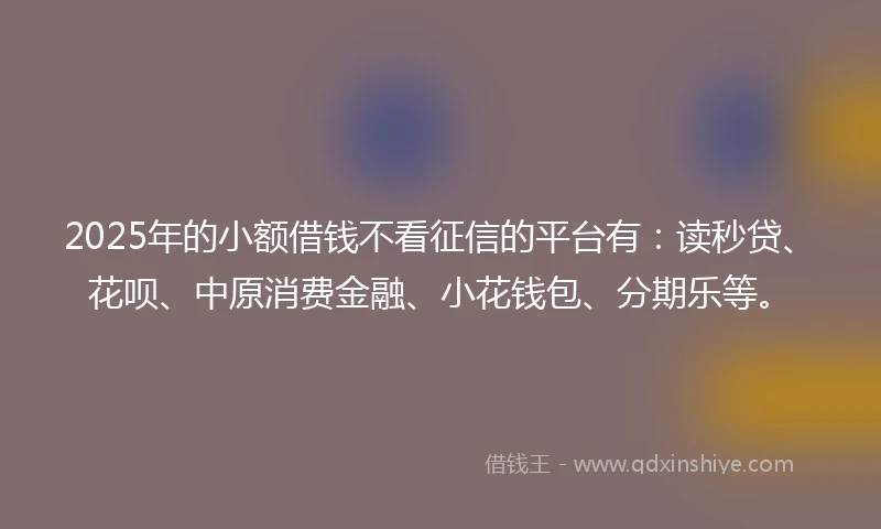 2025年的小额借钱不看征信的平台有：读秒贷、花呗、中原消费金融、小花钱包、分期乐等。