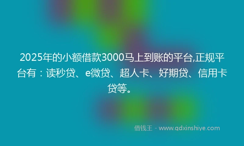 2025年的小额借款3000马上到账的平台,正规平台有：读秒贷、e微贷、超人卡、好期贷、信用卡贷等。