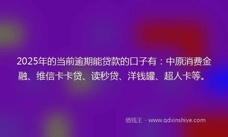2025年的当前逾期能贷款的口子有：中原消费金融、维信卡卡贷、读秒贷、洋钱罐、超人卡等。