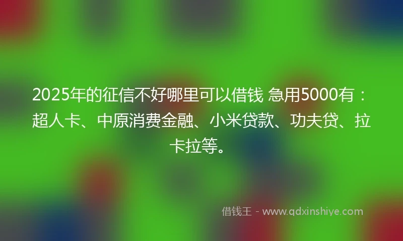 2025年的征信不好哪里可以借钱 急用5000有:超人卡、中原消费金融、小米贷款、功夫贷、拉卡拉等。