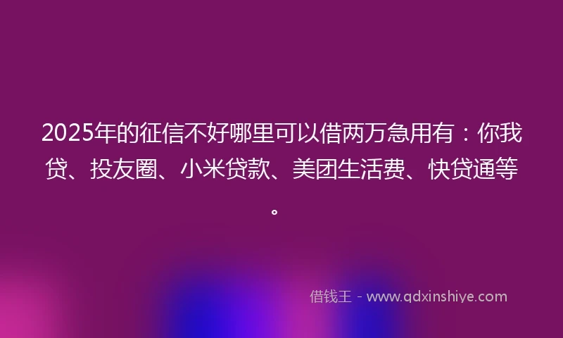2025年的征信不好哪里可以借两万急用有：你我贷、投友圈、小米贷款、美团生活费、快贷通等。