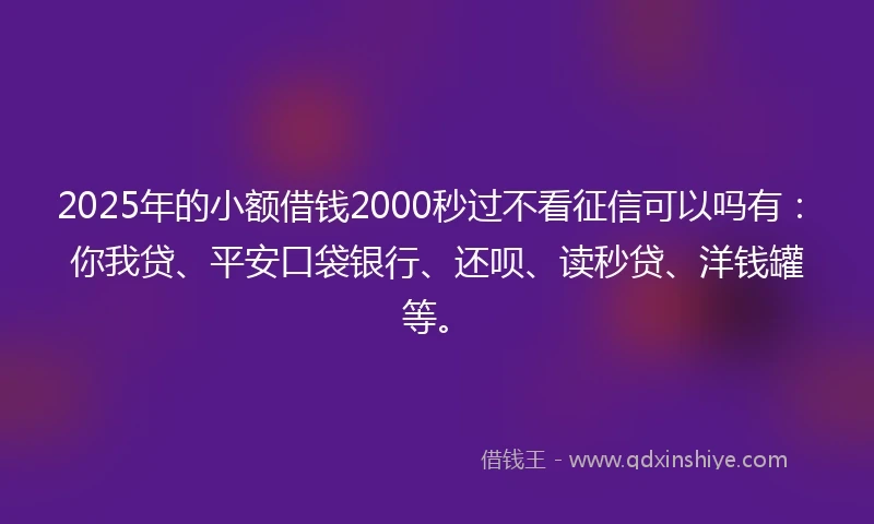 2025年的小额借钱2000秒过不看征信可以吗有：你我贷、平安口袋银行、还呗、读秒贷、洋钱罐等。