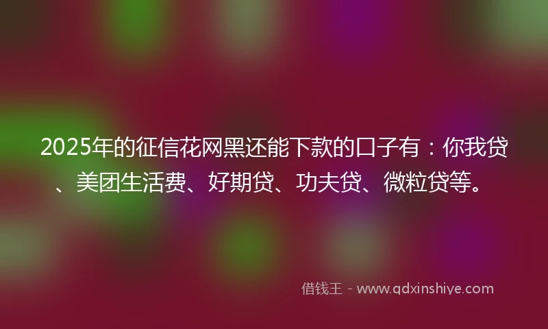 2025年的征信花网黑还能下款的口子有：你我贷、美团生活费、好期贷、功夫贷、微粒贷等。