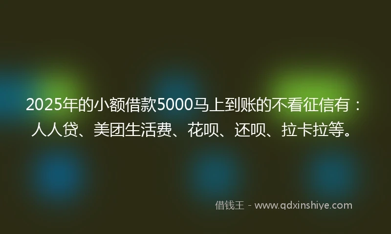 2025年的小额借款5000马上到账的不看征信有：人人贷、美团生活费、花呗、还呗、拉卡拉等。