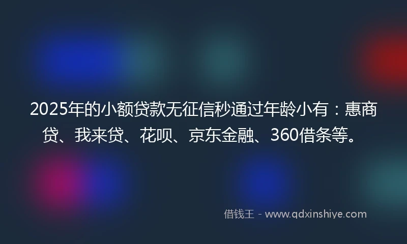 2025年的小额贷款无征信秒通过年龄小有：惠商贷、我来贷、花呗、京东金融、360借条等。