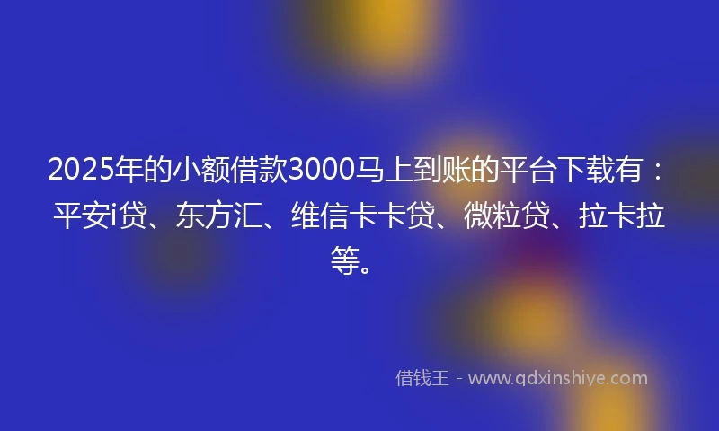 2025年的小额借款3000马上到账的平台下载有：平安i贷、东方汇、维信卡卡贷、微粒贷、拉卡拉等。
