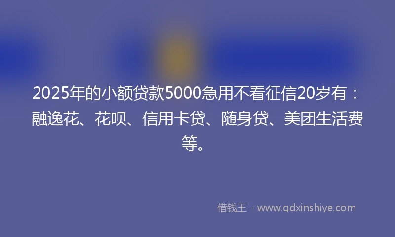 2025年的小额贷款5000急用不看征信20岁有：融逸花、花呗、信用卡贷、随身贷、美团生活费等。