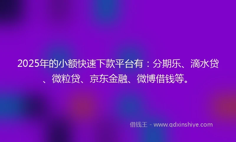 2025年的小额快速下款平台有：分期乐、滴水贷、微粒贷、京东金融、微博借钱等。