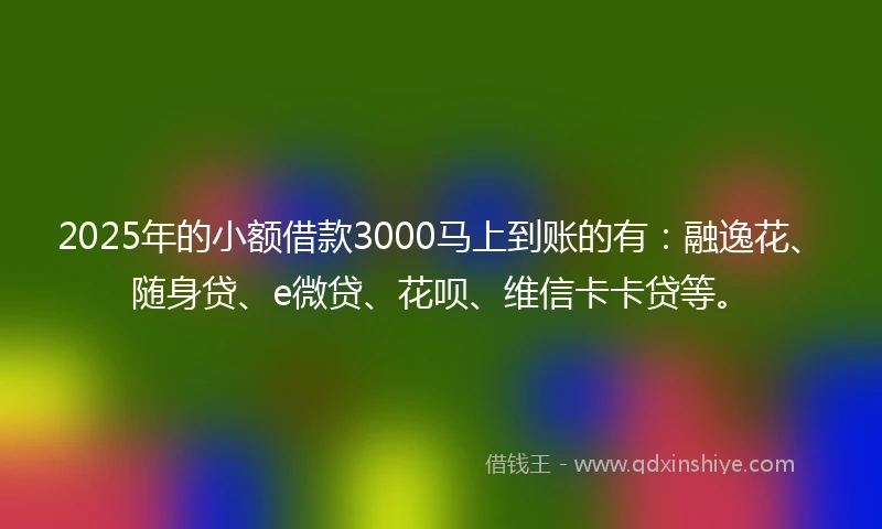 2025年的小额借款3000马上到账的有：融逸花、随身贷、e微贷、花呗、维信卡卡贷等。