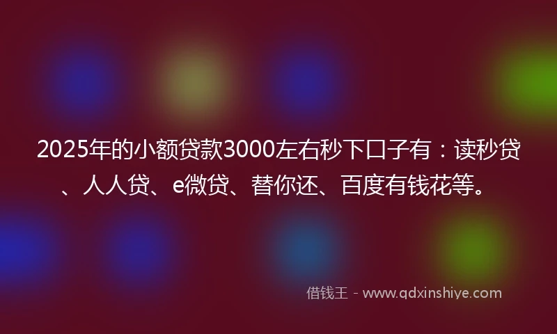 2025年的小额贷款3000左右秒下口子有：读秒贷、人人贷、e微贷、替你还、百度有钱花等。