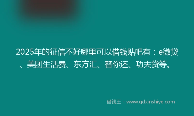 2025年的征信不好哪里可以借钱贴吧有：e微贷、美团生活费、东方汇、替你还、功夫贷等。