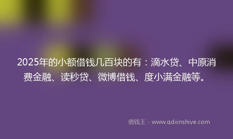 2025年的小额借钱几百块的有：滴水贷、中原消费金融、读秒贷、微博借钱、度小满金融等。