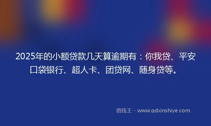 2025年的小额贷款几天算逾期有：你我贷、平安口袋银行、超人卡、团贷网、随身贷等。