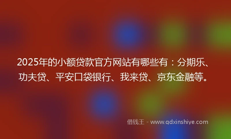2025年的小额贷款官方网站有哪些有：分期乐、功夫贷、平安口袋银行、我来贷、京东金融等。