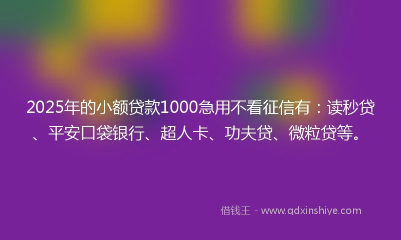 2025年的小额贷款1000急用不看征信有：读秒贷、平安口袋银行、超人卡、功夫贷、微粒贷等。