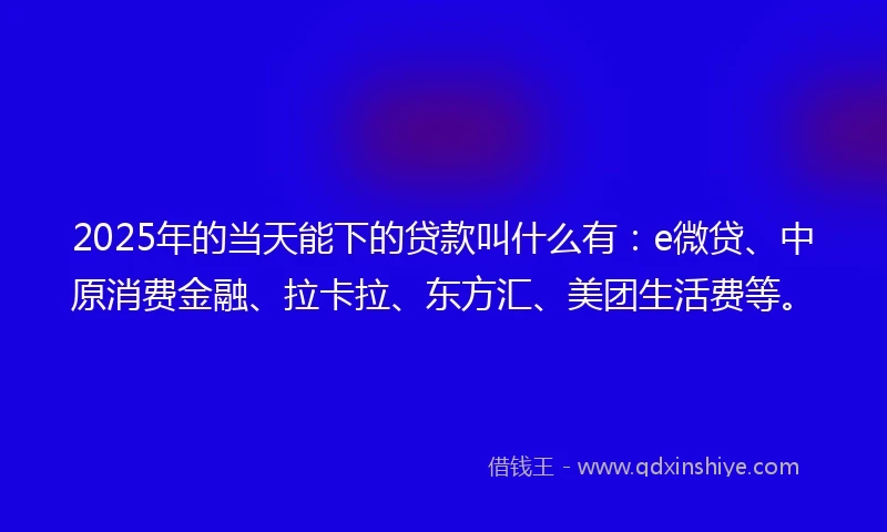 2025年的当天能下的贷款叫什么有：e微贷、中原消费金融、拉卡拉、东方汇、美团生活费等。