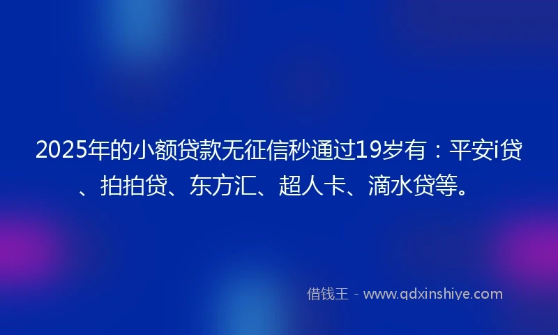 2025年的小额贷款无征信秒通过19岁有：平安i贷、拍拍贷、东方汇、超人卡、滴水贷等。