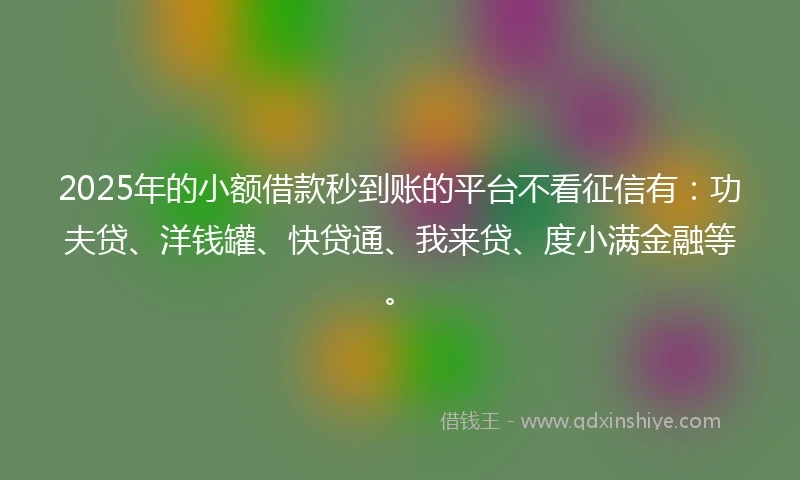 2025年的小额借款秒到账的平台不看征信有：功夫贷、洋钱罐、快贷通、我来贷、度小满金融等。