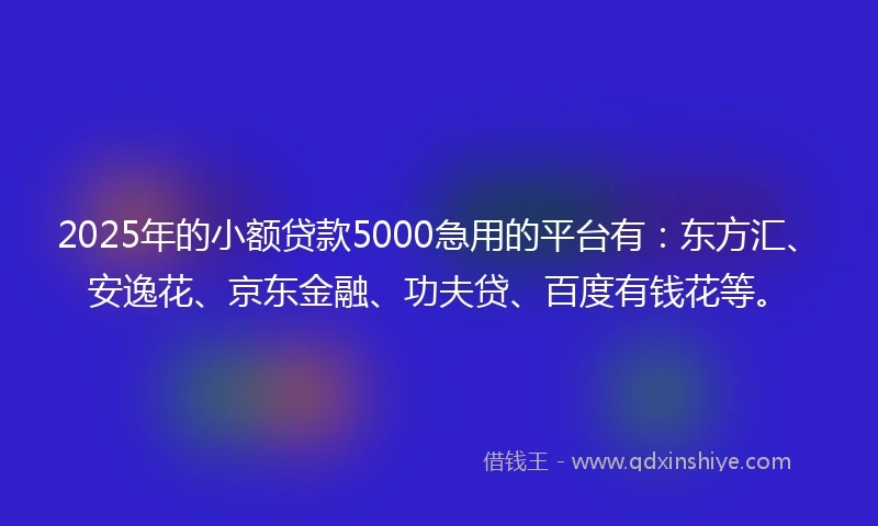 2025年的小额贷款5000急用的平台有：东方汇、安逸花、京东金融、功夫贷、百度有钱花等。