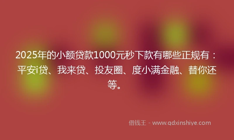 2025年的小额贷款1000元秒下款有哪些正规有：平安i贷、我来贷、投友圈、度小满金融、替你还等。