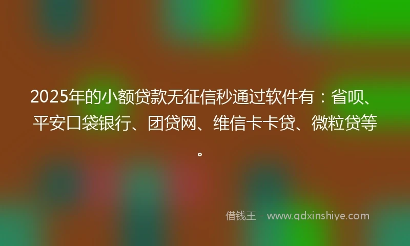 2025年的小额贷款无征信秒通过软件有：省呗、平安口袋银行、团贷网、维信卡卡贷、微粒贷等。