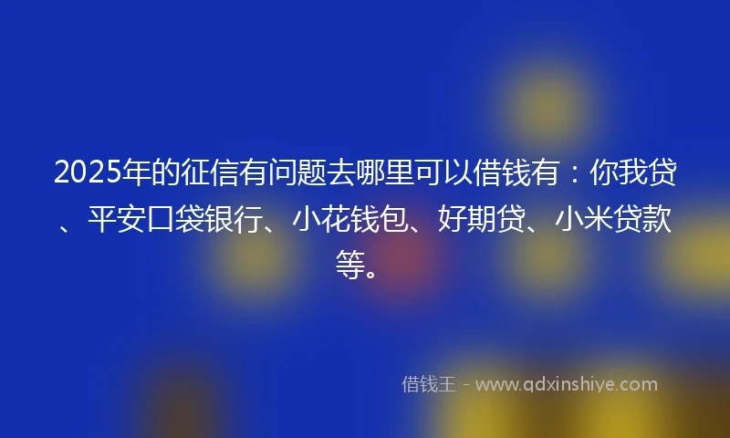 2025年的征信有问题去哪里可以借钱有：你我贷、平安口袋银行、小花钱包、好期贷、小米贷款等。