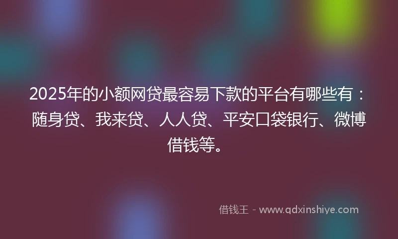2025年的小额网贷最容易下款的平台有哪些有：随身贷、我来贷、人人贷、平安口袋银行、微博借钱等。