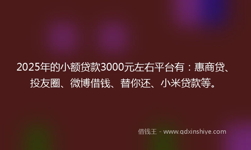 2025年的小额贷款3000元左右平台有：惠商贷、投友圈、微博借钱、替你还、小米贷款等。