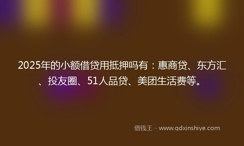 2025年的小额借贷用抵押吗有：惠商贷、东方汇、投友圈、51人品贷、美团生活费等。